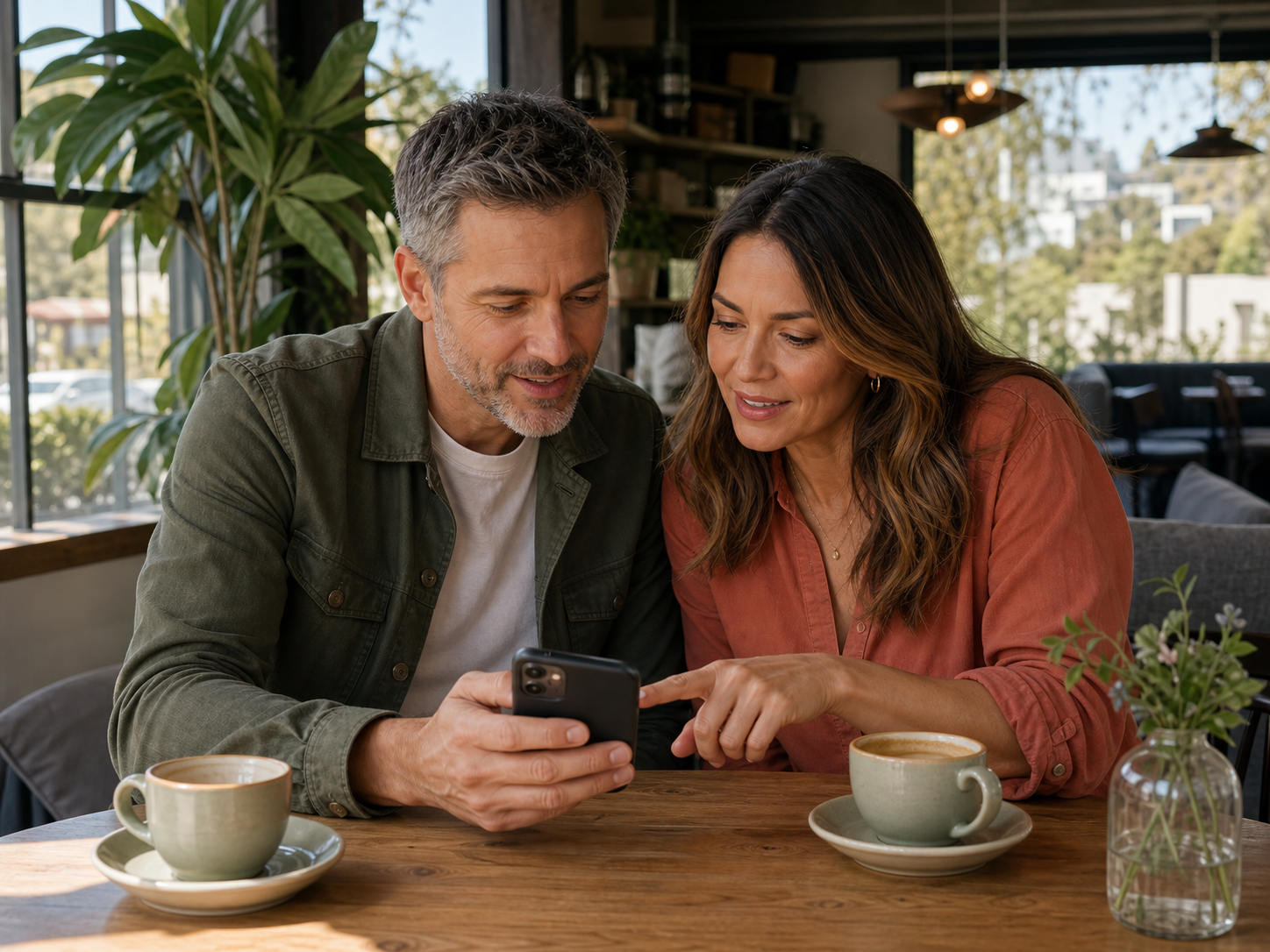 Two singles in Los Angeles discussing compatibility at a cafe
