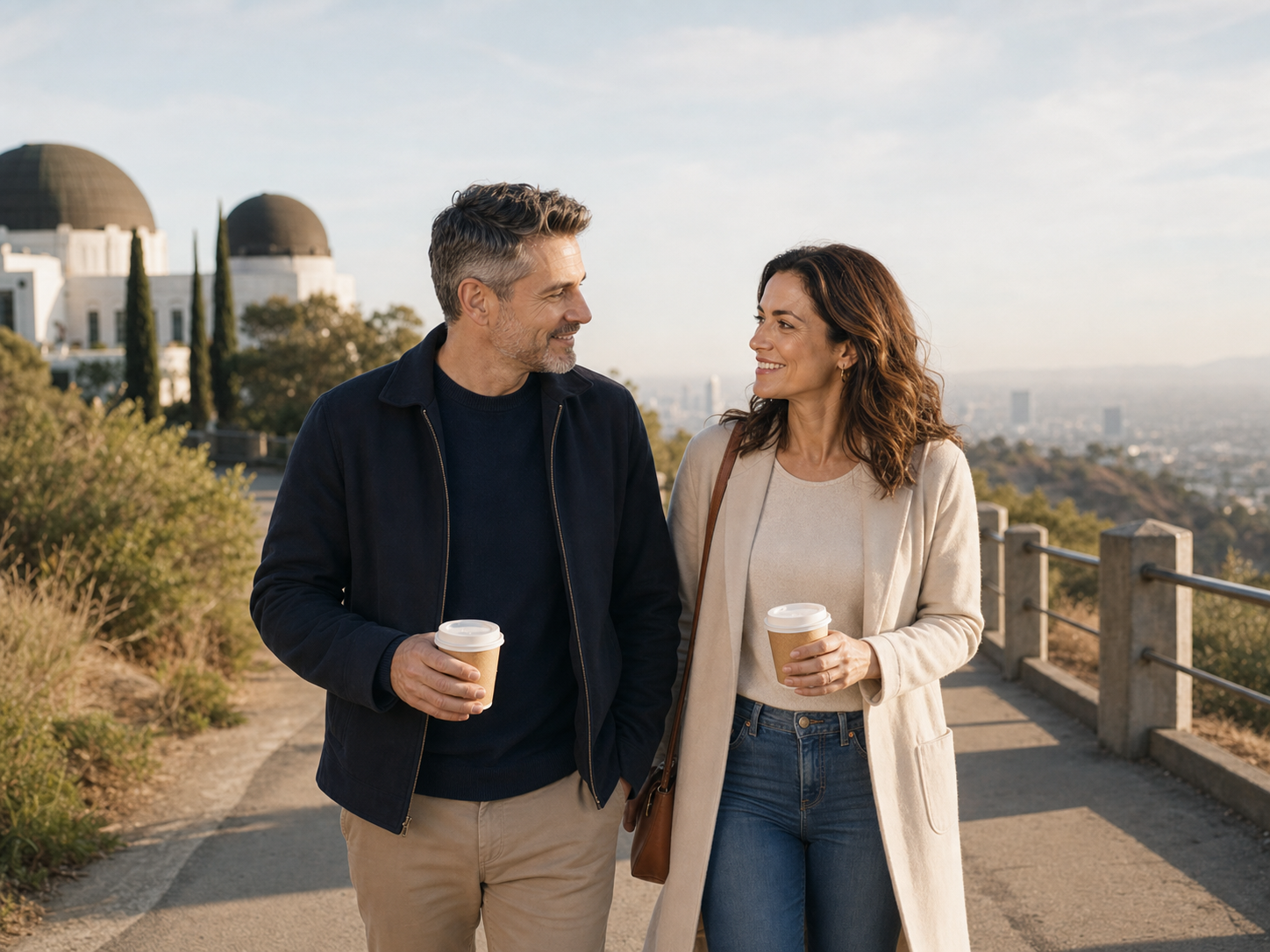 Los Angeles singles walking in a public park while talking